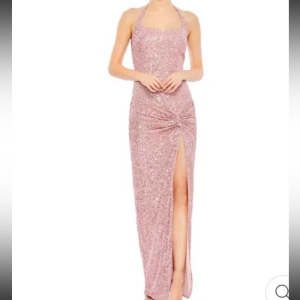 Mac Duggal Sparkly Stone Fully Embellished Shirring Detail Slit Dress Size 4